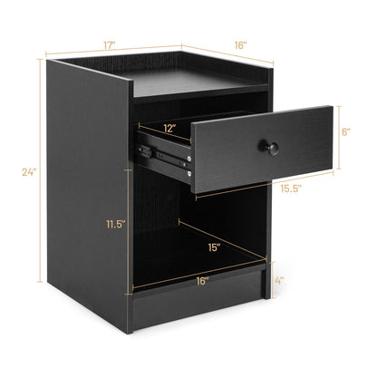 Set of 2 Nightstands with Drawer and Cabinet Raised Top Bedside End Tables Black