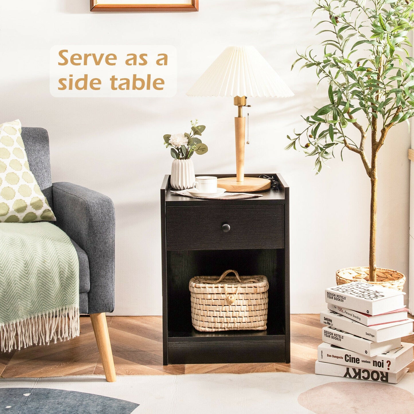 Set of 2 Nightstands with Drawer and Cabinet Raised Top Bedside End Tables Black