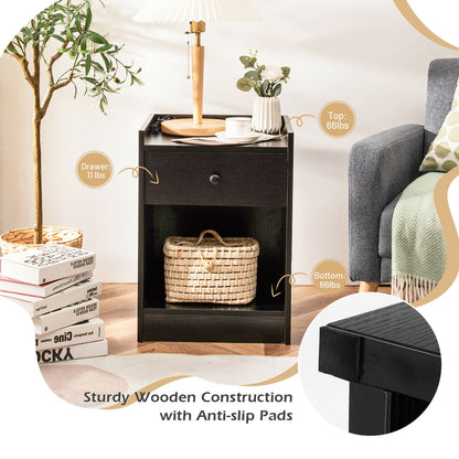 Set of 2 Nightstands with Drawer and Cabinet Raised Top Bedside End Tables Black
