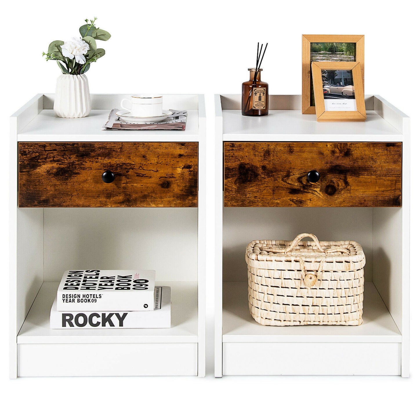 Set of 2 Nightstands with Drawer and Cabinet Raised Top Bedside End Tables White