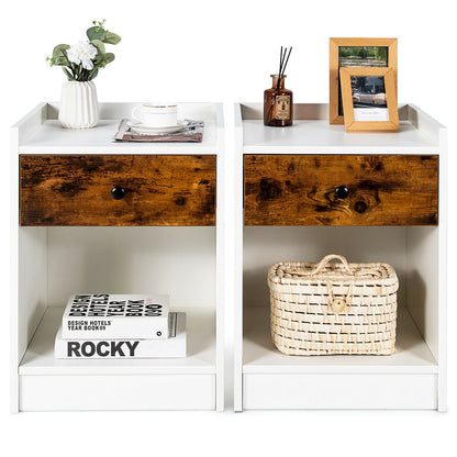 Set of 2 Nightstands with Drawer and Cabinet Raised Top Bedside End Tables White
