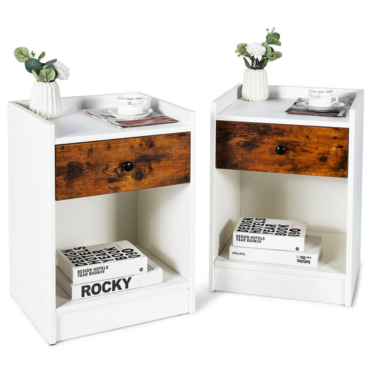 Set of 2 Nightstands with Drawer and Cabinet Raised Top Bedside End Tables White