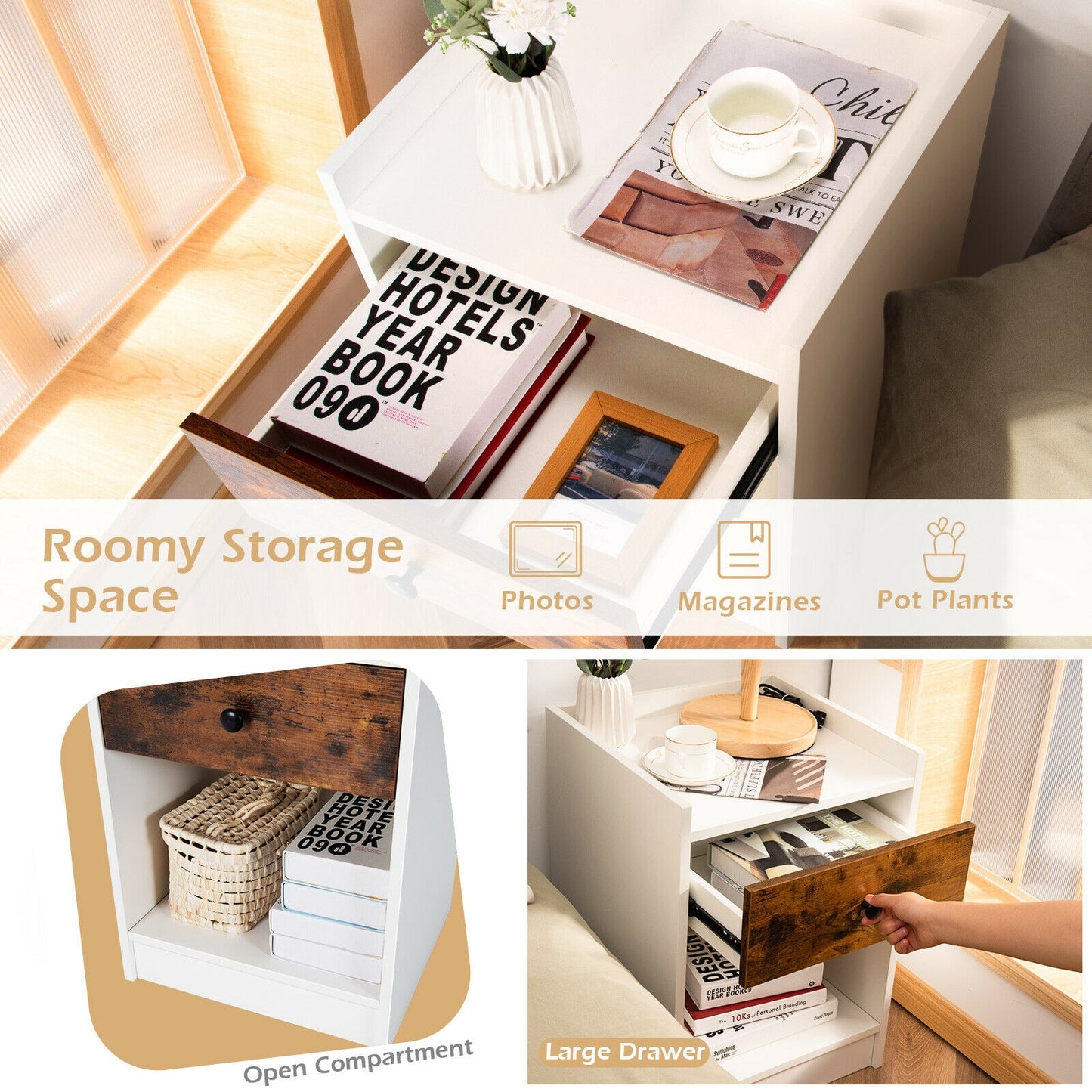 Set of 2 Nightstands with Drawer and Cabinet Raised Top Bedside End Tables White