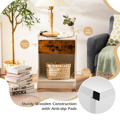 Set of 2 Nightstands with Drawer and Cabinet Raised Top Bedside End Tables White