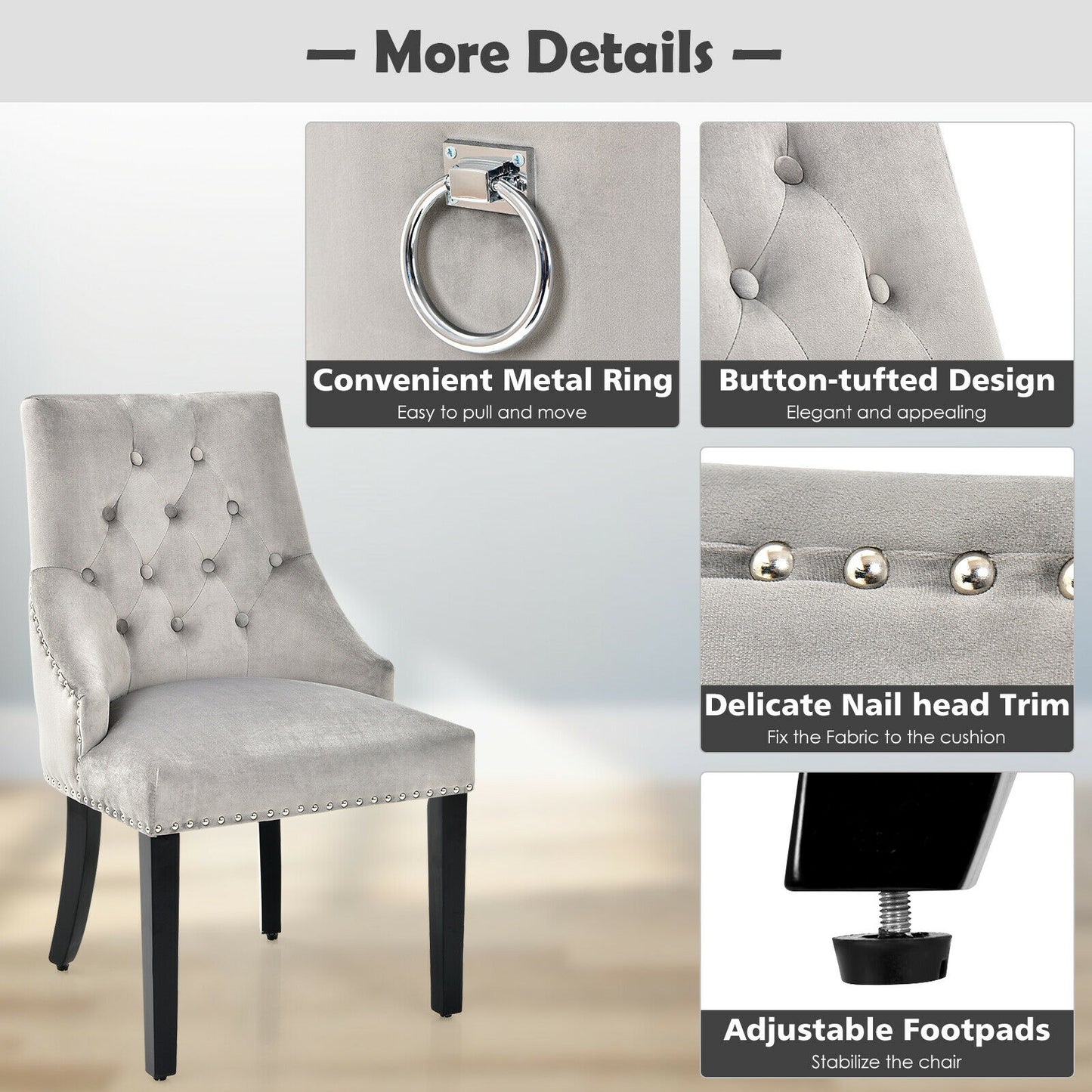 Elegant Button-Tufted Upholstered Dining Chair with Nailhead Trim - Grey