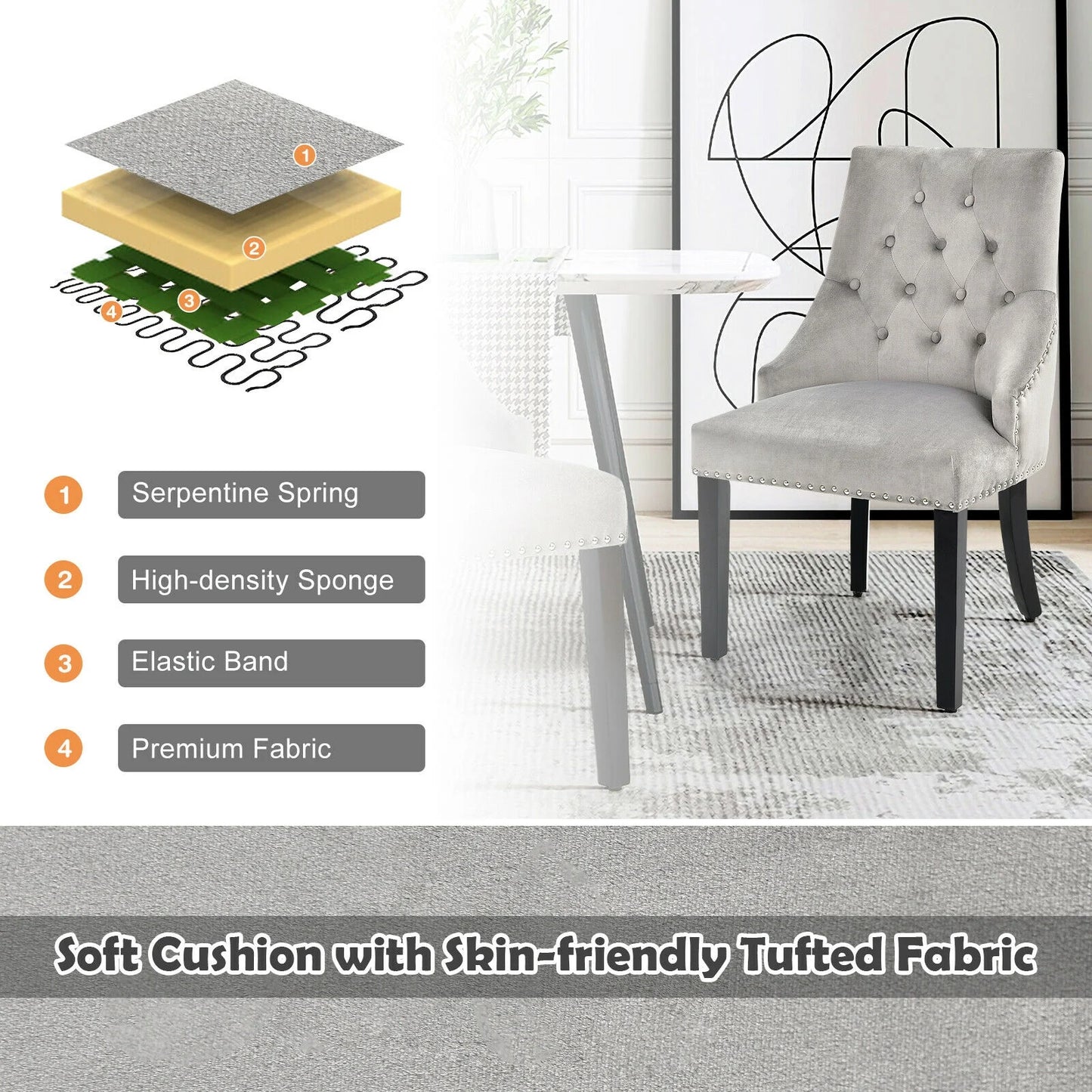 Elegant Button-Tufted Upholstered Dining Chair with Nailhead Trim - Grey