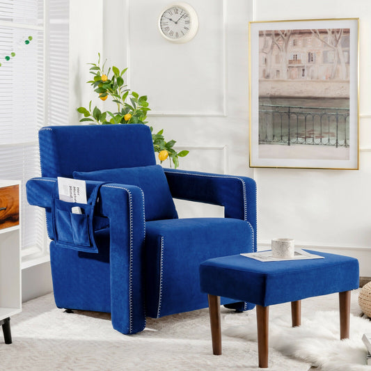 Contemporary Berber Fleece Accent Chair with Ottoman and Lumbar Pillow in Blue