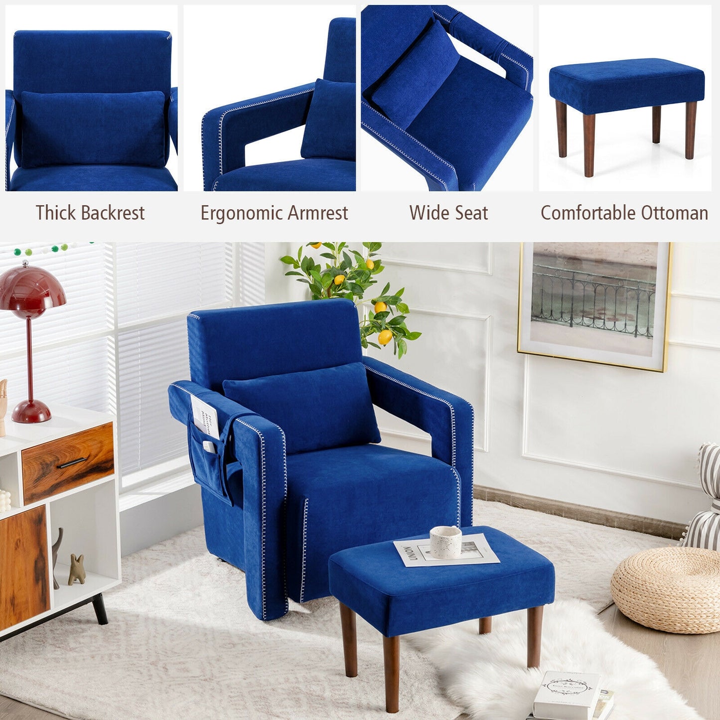 Contemporary Berber Fleece Accent Chair with Ottoman and Lumbar Pillow in Blue