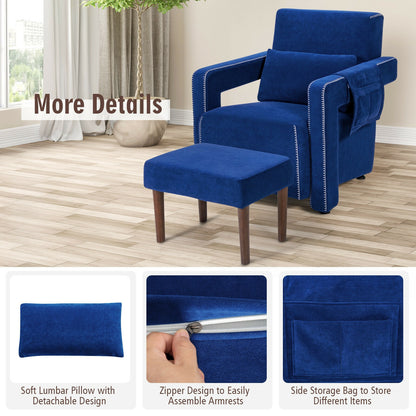 Contemporary Berber Fleece Accent Chair with Ottoman and Lumbar Pillow in Blue