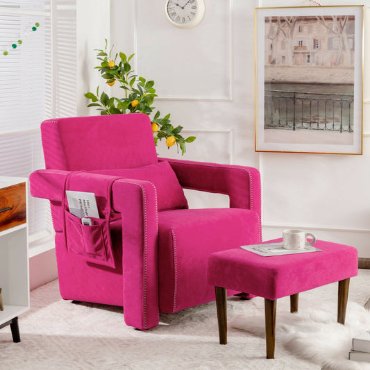 Contemporary Berber Fleece Accent Chair with Ottoman and Lumbar Pillow in Red