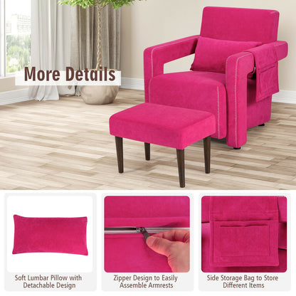 Contemporary Berber Fleece Accent Chair with Ottoman and Lumbar Pillow in Red