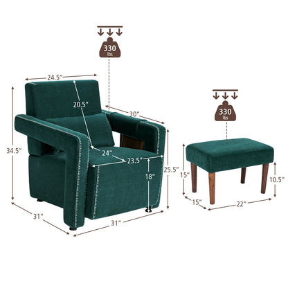 Contemporary Berber Fleece Accent Chair with Ottoman and Lumbar Pillow in Green