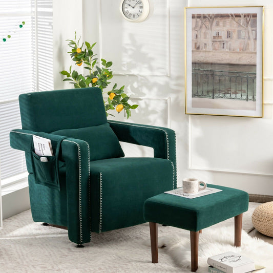 Contemporary Berber Fleece Accent Chair with Ottoman and Lumbar Pillow in Green