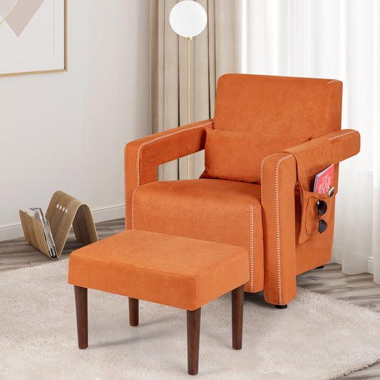 Contemporary Berber Fleece Accent Chair with Ottoman and Lumbar Pillow in Orange