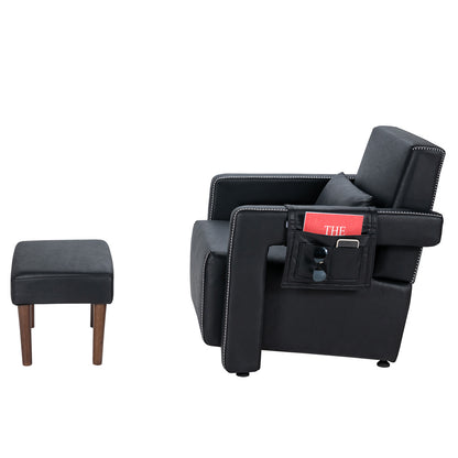 Contemporary Berber Fleece Accent Chair with Ottoman and Lumbar Pillow in Black