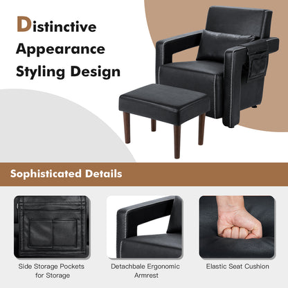 Contemporary Berber Fleece Accent Chair with Ottoman and Lumbar Pillow in Black