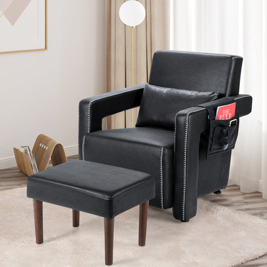 Contemporary Berber Fleece Accent Chair with Ottoman and Lumbar Pillow in Black