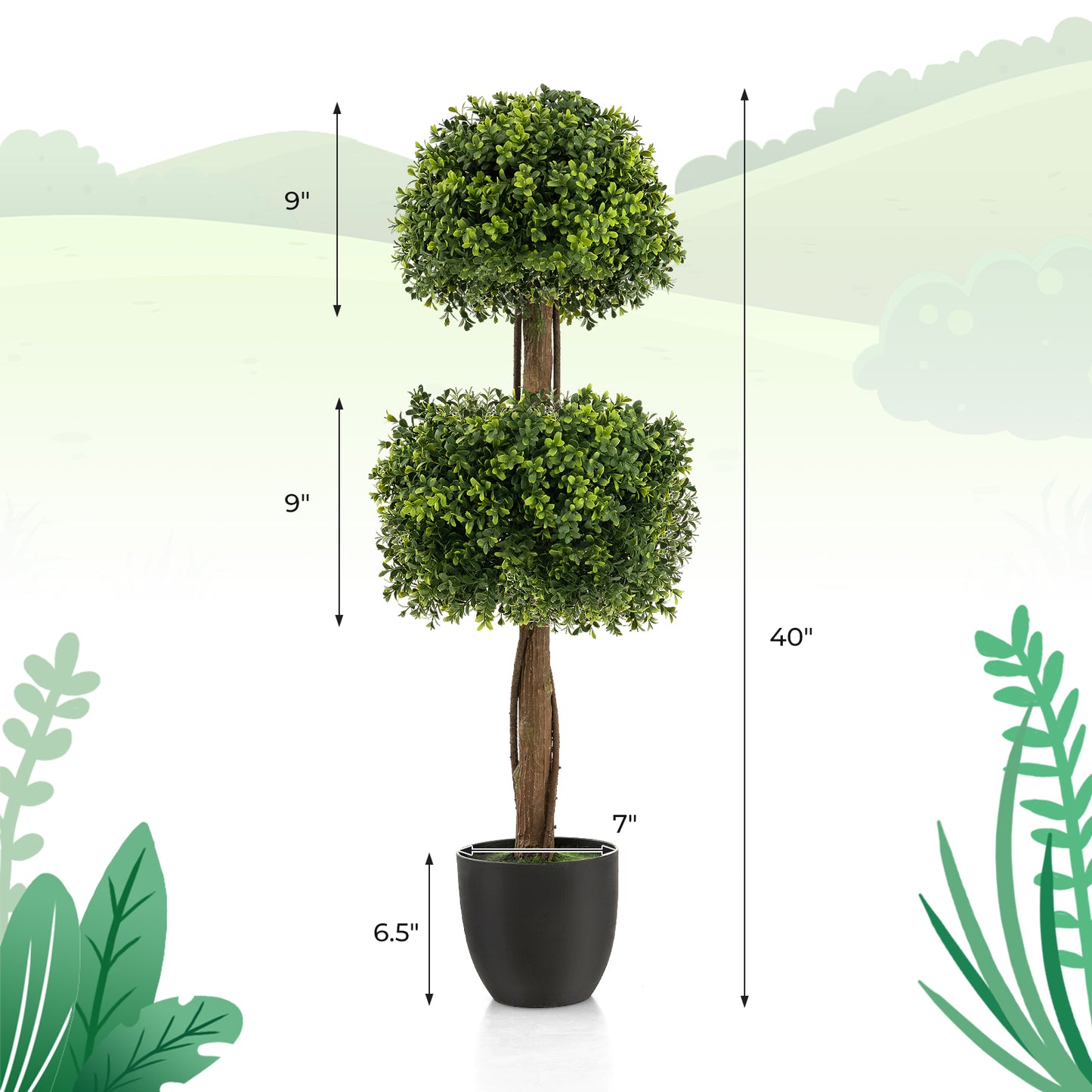 40 Inch Double Ball Artificial Boxwood Topiary Tree for Home & Garden Decor