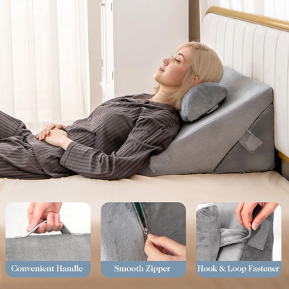 3 Piece Adjustable Bed Wedge Pillow Set with Air Memory Foam for Ultimate Comfort - Grey