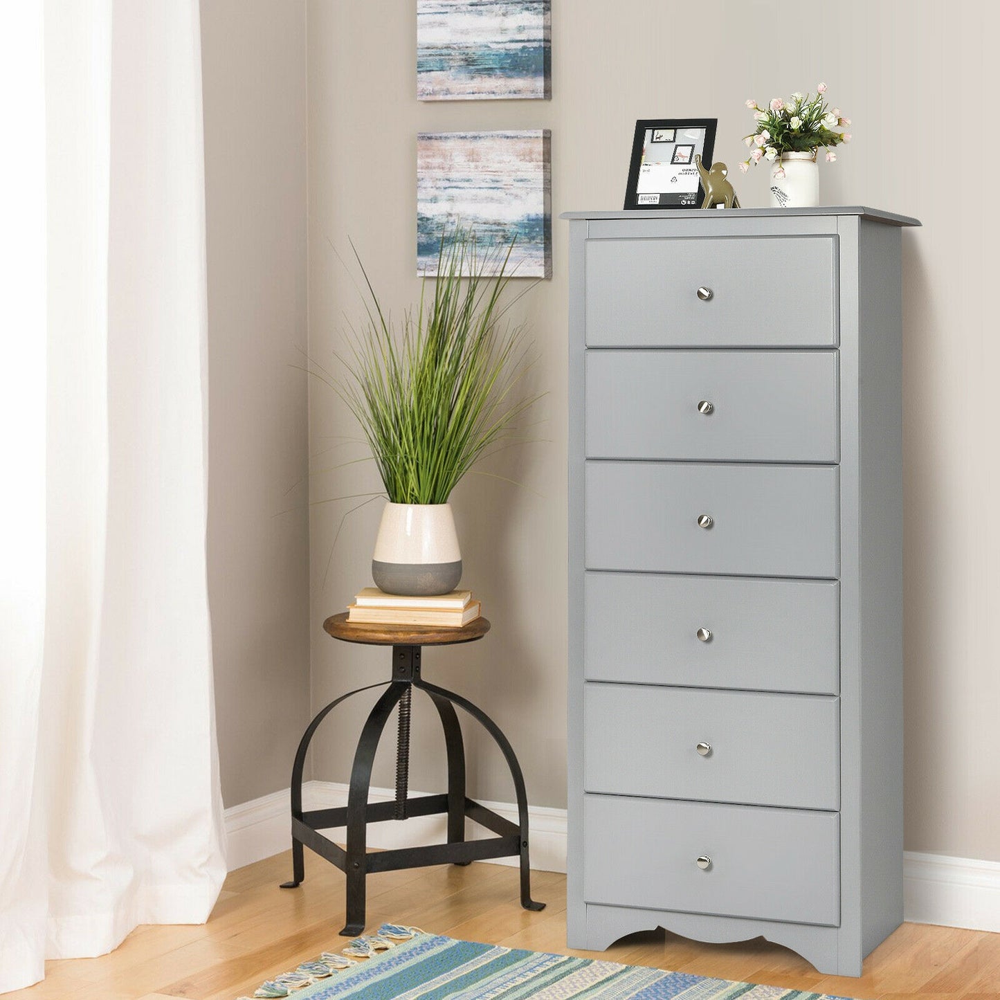 Modern 6 Drawer Bedroom Dresser Cabinet with Vertical Storage – Grey