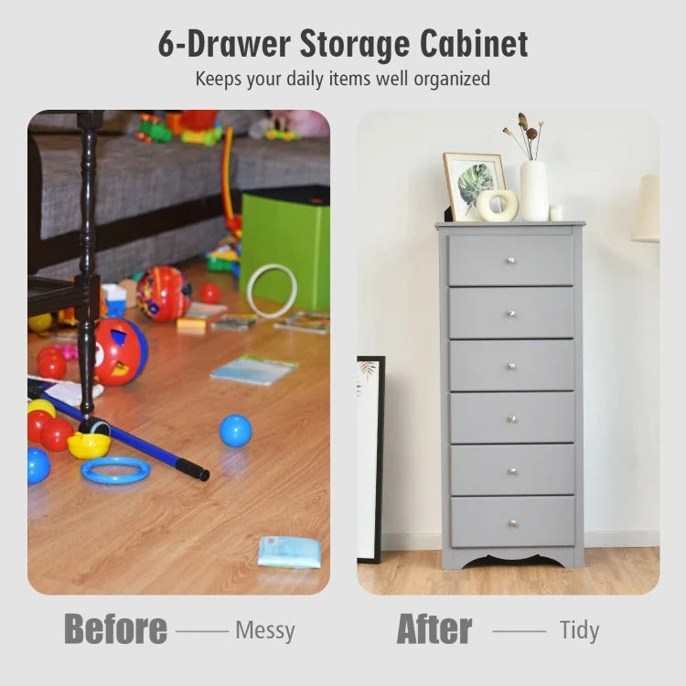Modern 6 Drawer Bedroom Dresser Cabinet with Vertical Storage – Grey