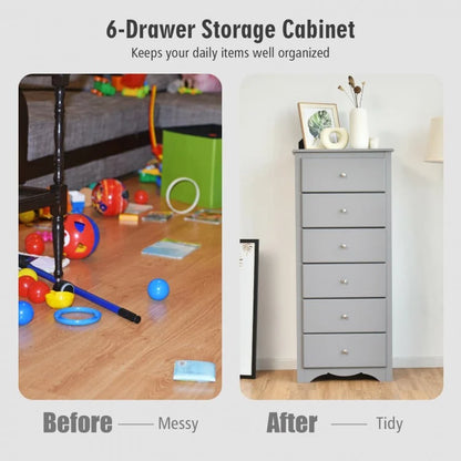 Modern 6 Drawer Bedroom Dresser Cabinet with Vertical Storage – Grey