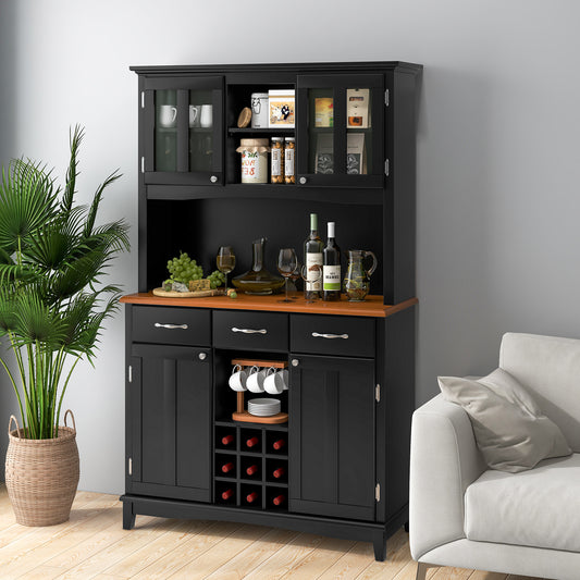 Modern Buffet Hutch with Glass Doors Wine Rack and Storage Drawers for Kitchen or Dining Room - Black
