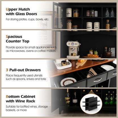 Modern Buffet Hutch with Glass Doors Wine Rack and Storage Drawers for Kitchen or Dining Room - Black
