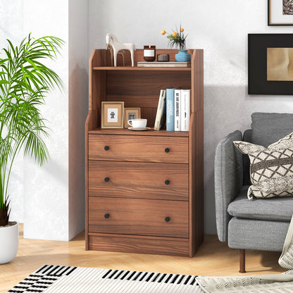 Tall 3 Drawer Storage Cabinet with Open Shelves and Anti-Tip Safety in Walnut
