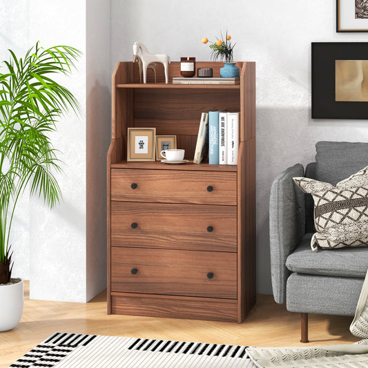Tall 3 Drawer Storage Cabinet with Open Shelves and Anti-Tip Safety in Walnut