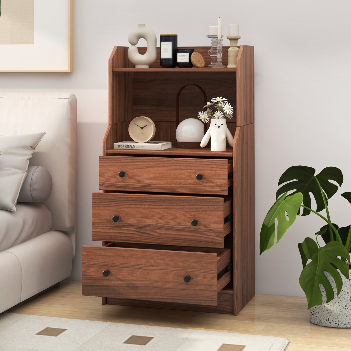 Tall 3 Drawer Storage Cabinet with Open Shelves and Anti-Tip Safety in Walnut