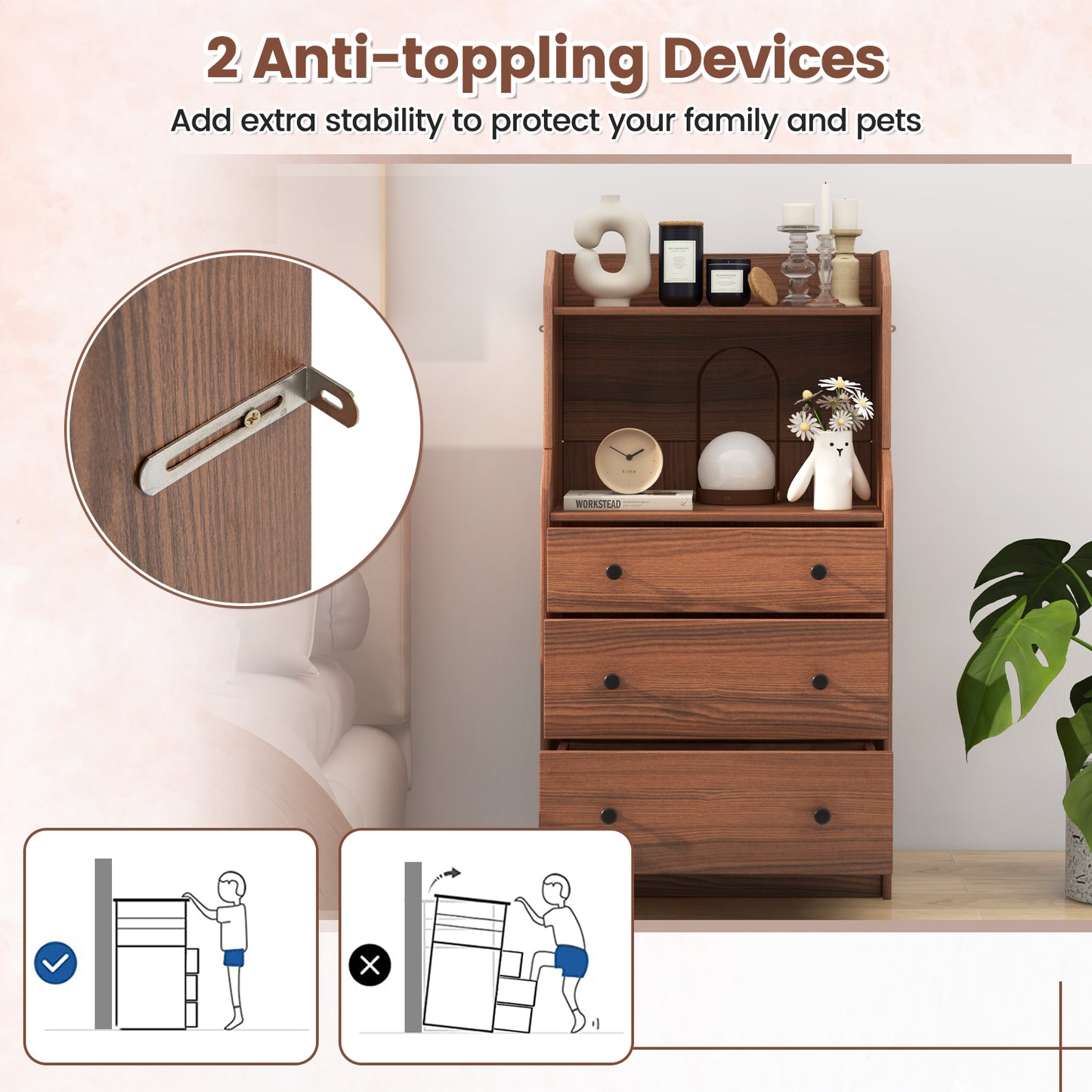 Tall 3 Drawer Storage Cabinet with Open Shelves and Anti-Tip Safety in Walnut