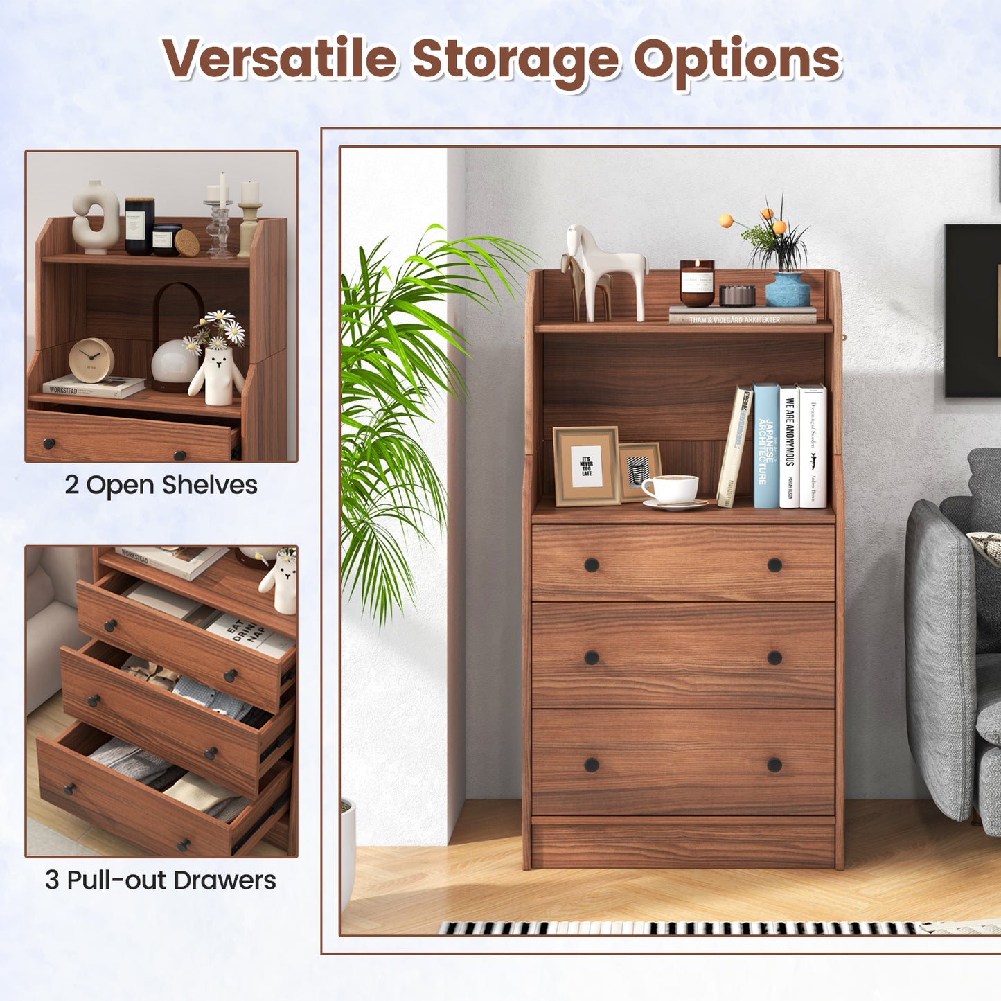 Tall 3 Drawer Storage Cabinet with Open Shelves and Anti-Tip Safety in Walnut