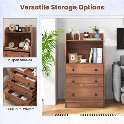 Tall 3 Drawer Storage Cabinet with Open Shelves and Anti-Tip Safety in Walnut