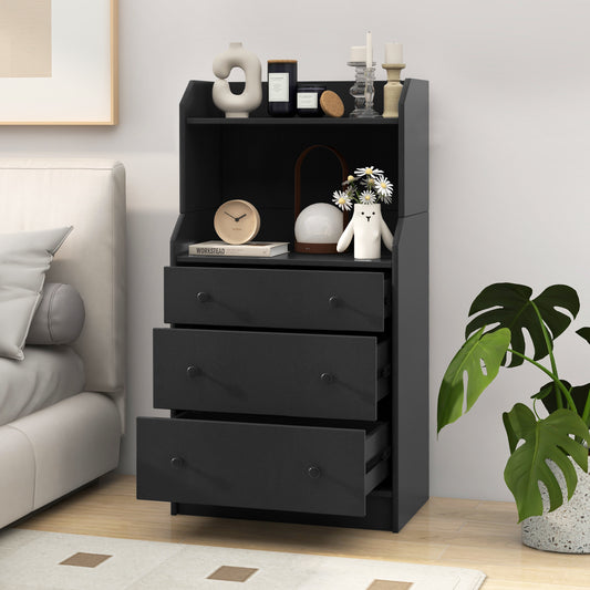 Tall 3 Drawer Storage Cabinet with Open Shelves and Anti-Tip Safety in Black
