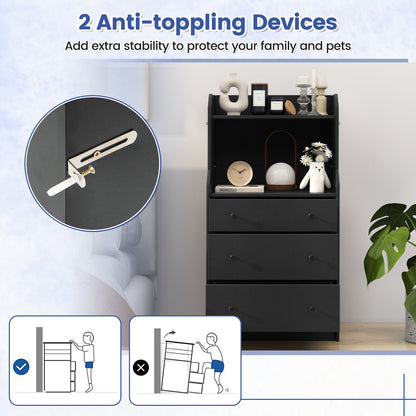 Tall 3 Drawer Storage Cabinet with Open Shelves and Anti-Tip Safety in Black