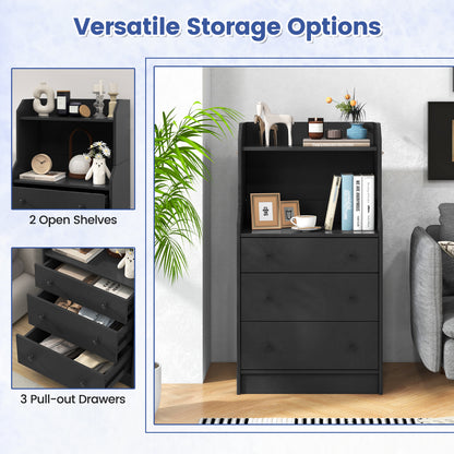 Tall 3 Drawer Storage Cabinet with Open Shelves and Anti-Tip Safety in Black
