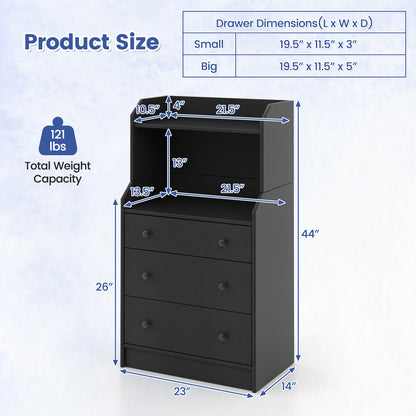Tall 3 Drawer Storage Cabinet with Open Shelves and Anti-Tip Safety in Black