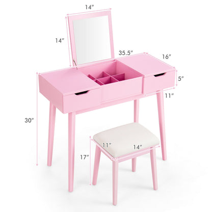 2-in-1 Makeup Vanity Desk with Flip Mirror, Storage Drawers, and Upholstered Stool – Pink