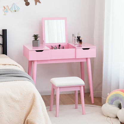 2-in-1 Makeup Vanity Desk with Flip Mirror, Storage Drawers, and Upholstered Stool – Pink