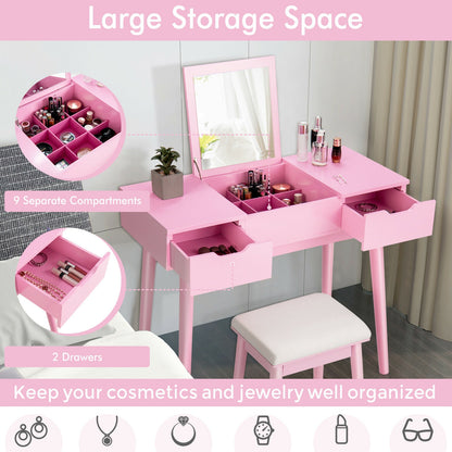 2-in-1 Makeup Vanity Desk with Flip Mirror, Storage Drawers, and Upholstered Stool – Pink