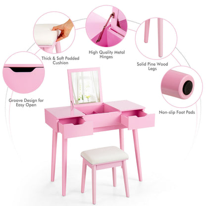 2-in-1 Makeup Vanity Desk with Flip Mirror, Storage Drawers, and Upholstered Stool – Pink