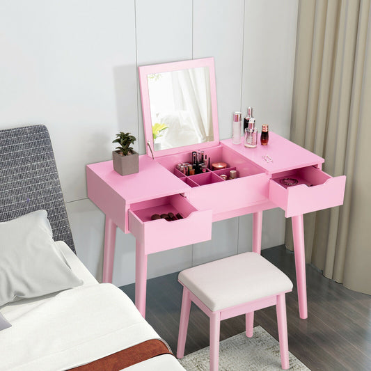 2-in-1 Makeup Vanity Desk with Flip Mirror, Storage Drawers, and Upholstered Stool – Pink