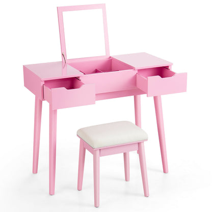 2-in-1 Makeup Vanity Desk with Flip Mirror, Storage Drawers, and Upholstered Stool – Pink
