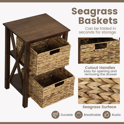 2 Tier Nightstand with Seagrass Baskets and X Design Frame
