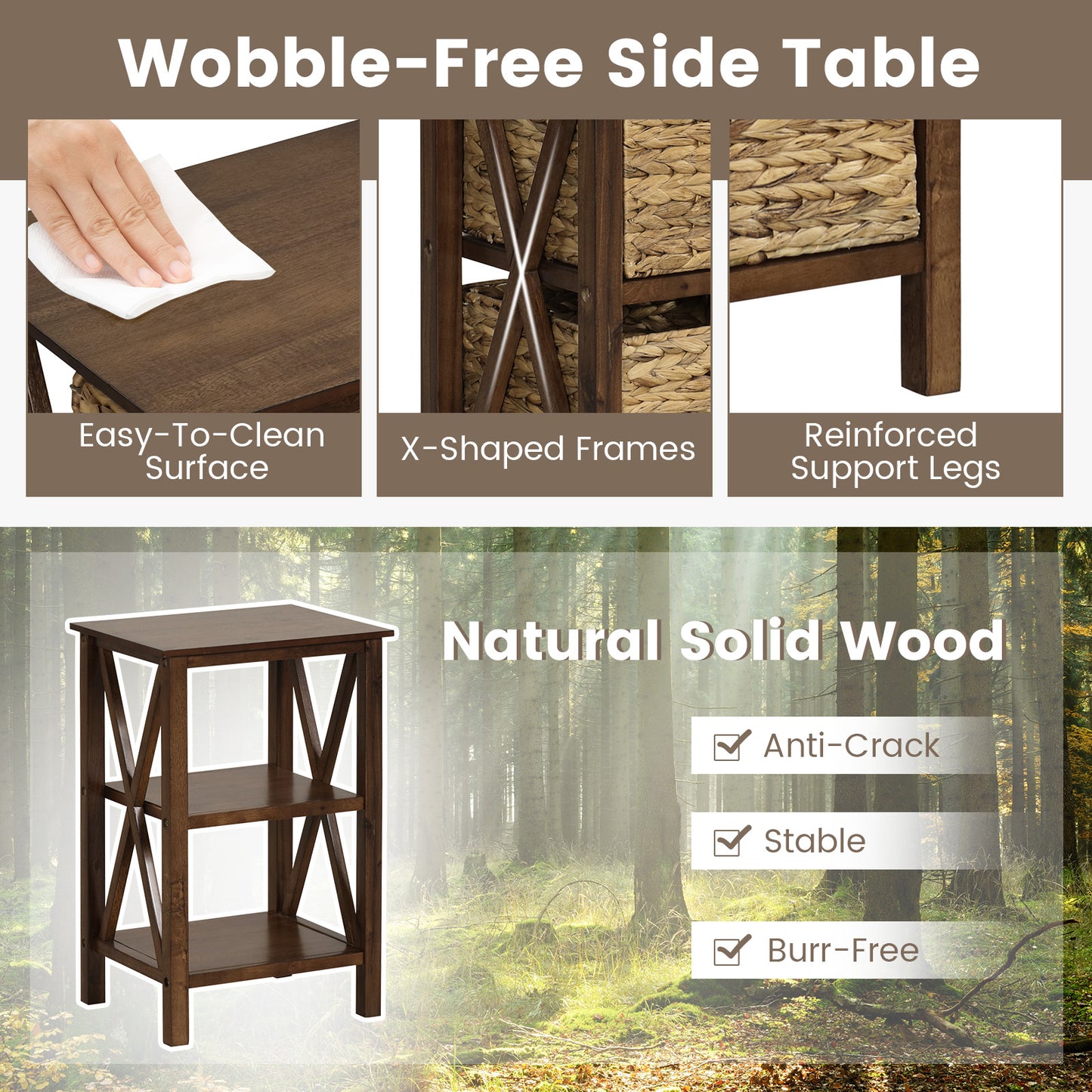 2 Tier Nightstand with Seagrass Baskets and X Design Frame