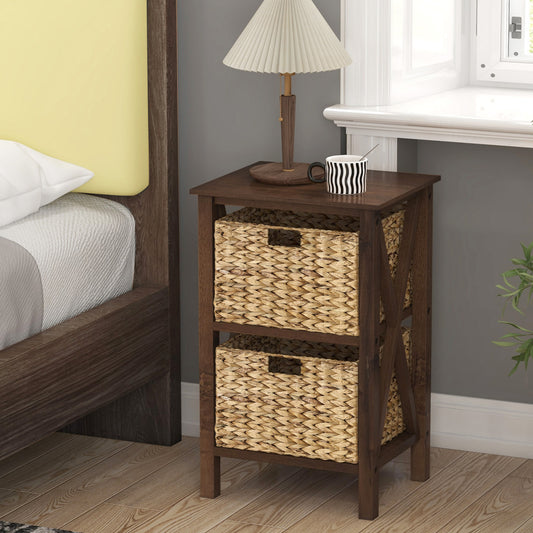 2 Tier Nightstand with Seagrass Baskets and X Design Frame