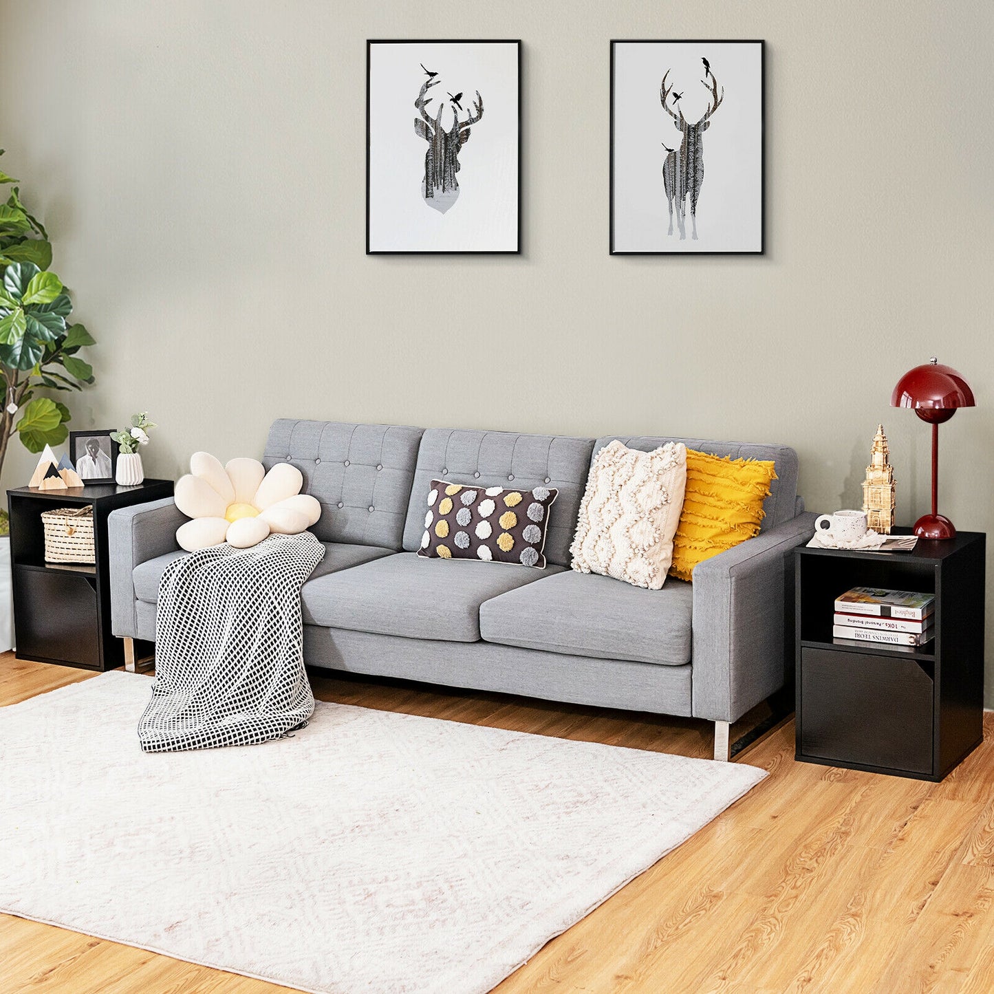 Set of 2 Nightstands with Storage, Modern End Tables for Bedroom or Living Room - Black