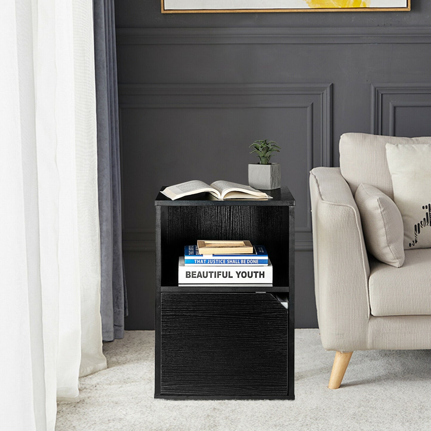 Set of 2 Nightstands with Storage, Modern End Tables for Bedroom or Living Room - Black