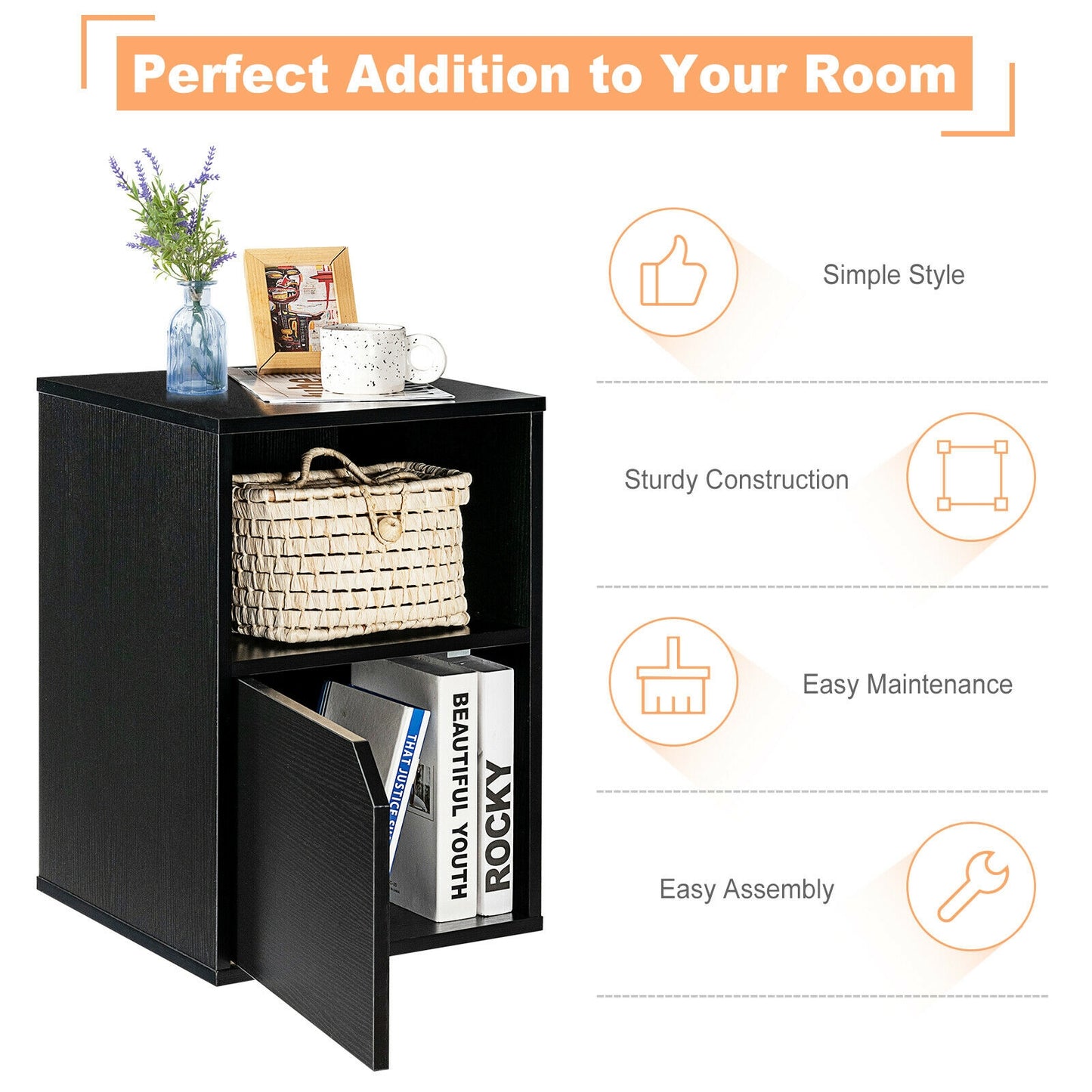 Set of 2 Nightstands with Storage, Modern End Tables for Bedroom or Living Room - Black